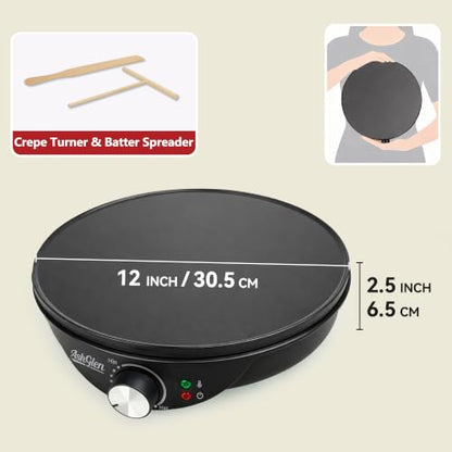 AshGlen 12" Electric Crepe Maker Machine, Ceramic Crepe Pan for Pancakes & Tortilla & Fried Eggs, Spatula & Crepe Spreader Tool Included, Graphite
