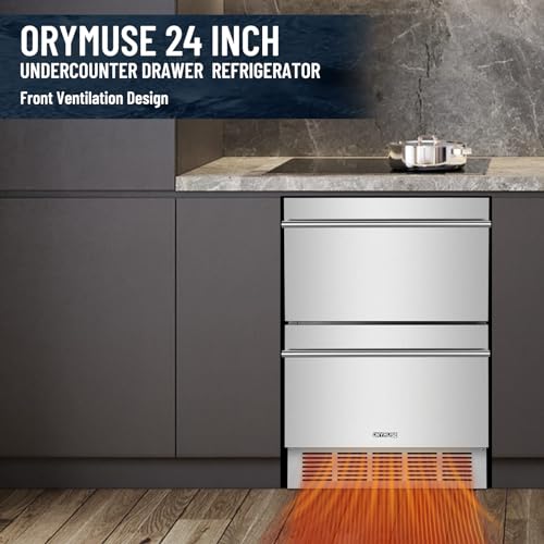 ORYMUSE Outdoor Drawer Refrigerator, 24 Inch Undercounter Beverage Cooler Fridge with Stainless Steel Seamless Door Can Hold 154 Cans w/Powerful Cooling Compressor for Kitchen and Commercial