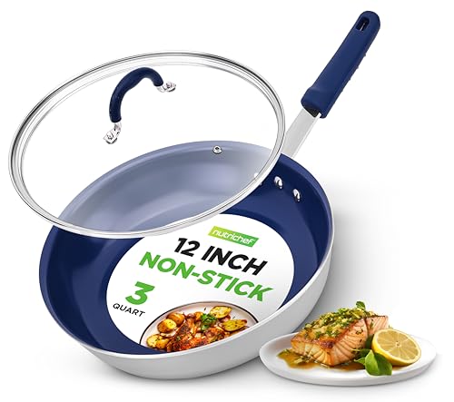 NutriChef 12" Fry Pan With Lid - Large Skillet Nonstick Frying Pan with Silicone Handle, Ceramic Coating, Blue Silicone Handle, Stain-Resistant, Easy To Clean, Professional Home Cookware