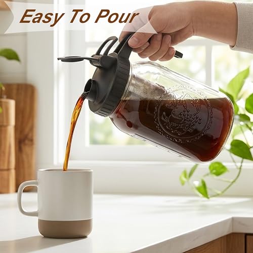 Cold Brew Coffee Maker 32 Oz Wide Mouth Mason Jar Pitcher With stainless steel Filter 1 Quart Airtight & Leak-Proof cold brew pitcher with pour spout lid and handle For iced Coffee Tea and lemonade
