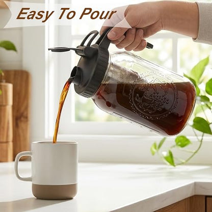 Cold Brew Coffee Maker 32 Oz Wide Mouth Mason Jar Pitcher With stainless steel Filter 1 Quart Airtight & Leak-Proof cold brew pitcher with pour spout lid and handle For iced Coffee Tea and lemonade
