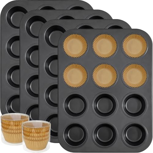 ATZNZIK 4 Pack Muffin Pan for Baking, Standard Cupcake Pan with 200 Natural Cupcake Liners, Muffin Tin Nonstick 12 Cup, Carbon Steel Muffin Cupcake Tary Baking Supplies
