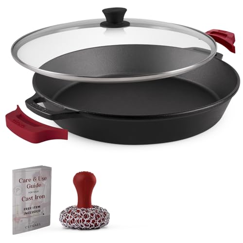 Cuisinel Cast Iron Skillet + Glass Lid + Red Chainmail Scrubber - 15"-Inch Dual Handle Braiser Frying Pan + Silicone Handle Covers - Pre-Seasoned Oven Cookware - Indoor/Outdoor. PFAS and PFOA-free