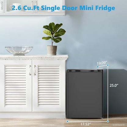 COWSAR 2.6 Cu.Ft Dorm Fridge with Freezer, Single Reversible Door Compact Refrigerator, Adjustable Thermostat, 2 Removable Shelves, Commercial Drink Fridge for Bedroom, Office, Kitchen, Dorm, Black