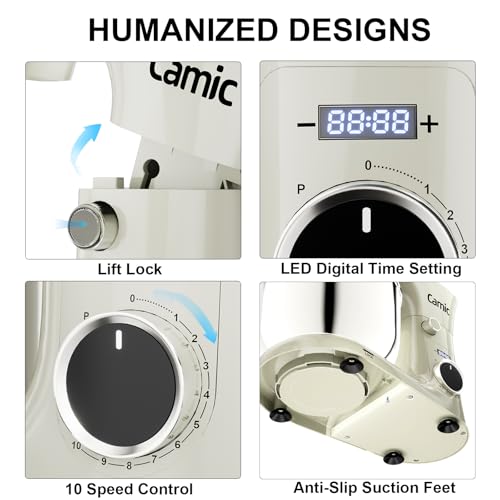 Camic Stand Mixer, 4.2QT+5.3QT Two bowls Electric Food Mixer, 10 Speeds with Digital setting 3-IN-1 Kitchen Mixer for Baking Cakes Cookie Bread Salad with Egg Whisk,Dough Hook,Flat Beater (White)