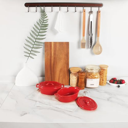 jinsongdafa Ceramic Mini Oval Cocotte Set, 10 Ounces Small Casserole Dishes with Lids and Handles, Individual Baking Ramekins, Oven, Microwave & Dishwasher Safe, Red 7.1 Inch