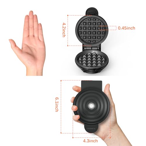 CROWNFUL Mini Waffle Maker, 4" Chaffle Maker with Compact Design, Easy to Clean, Non-Stick Surface, Recipe Guide Included, Perfect for Breakfast, Dessert, Sandwich, or Other Snacks