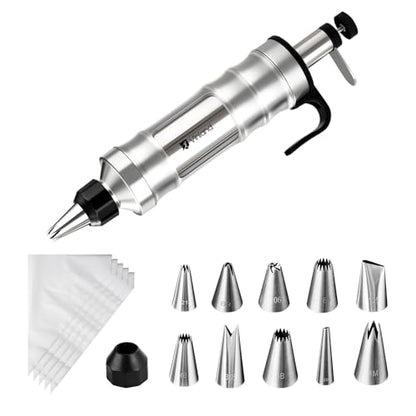 Dessert Decorating Syringe Set Icing Piping Kit Frosting Piping Kit Stainless Steels Cake Decorating Kit with 10 food grade stainless steel piping tips & 50 Disposable Piping Bags Black