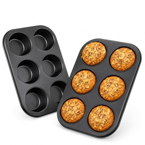 AGIgear Premium Non-Stick Muffin Baking Pan,2Packs Cupcake Pan,Stainless steel 6-Cup Muffin Tin (Black)