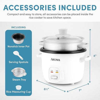 AROMA® Rice Cooker, 2-Cup (Uncooked) / 4-Cup (Cooked), Steamer, Grain Cooker, Soup Maker, Oatmeal Cooker, Auto Keep Warm, 1 Qt, White, ARC-302-1NG