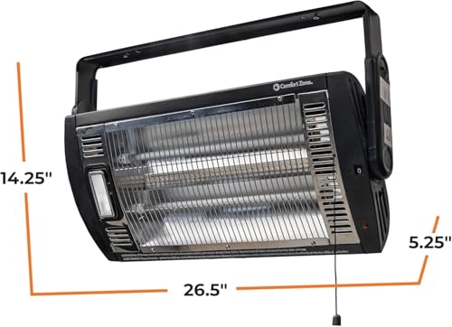 Comfort Zone 1500W Ceiling Mounted Dual Quartz Radiant Heater – Infrared Workshop Heater with 90° Adjustable Tilt, Built-in Halogen Light & Pull String Control – Overheat Protection, Black