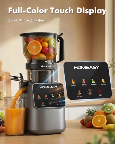 HOMEASY Cold Press Juicer Machines, 5.8'' Large Feed Chute for Whole Fruits and Vegetables, 300W Slow Masticating Juicer, High Juice Yield, 5 Smart Modes, Easy to Clean