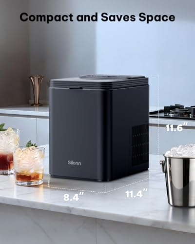 Silonn Ice Maker Countertop, 8 Cubes in 6 Mins, 26.5 lbs/24H, 2 Ice Sizes, Self-Cleaning Bullet Ice Maker, Portable Ice Machine for Kitchen, Office, Party, RV Camping