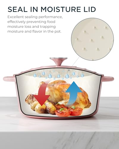 Enameled Cast Iron Dutch Oven - 7.5QT Dutch Oven Pot with Lid & Cotton Potholders - Heavy-Duty Non Stick Casserole Pot for Braising, Stews, Roasting, Baking, Suitable for All Stovetops, Gentle Pink