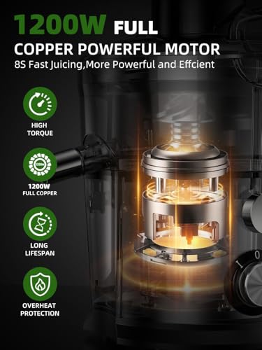Juicer Machines, 1200W Centrifugal Juicer Extractor with 3" Feed Chute, Dual Speeds, Heavy Duty Full Copper Motor, 35oz Large Juice Jug, Stainless Steel, Silver