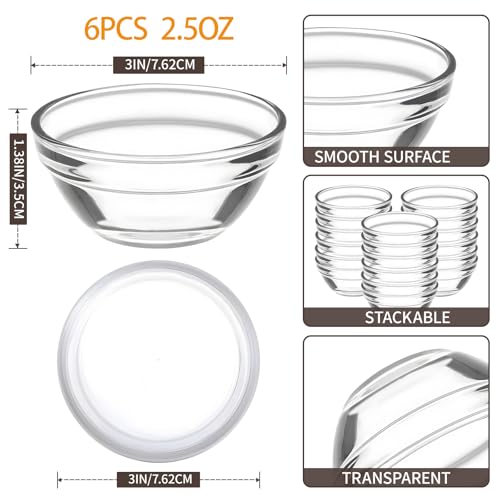 6 Pack Mini 3 Inch Small Glass Bowls with 6 Pack Lids, 2.5 oz Clear Glass Pinch Bowls, Condiment Containers, for Dips, Nuts, Candy, Snacks, Meal Prep Bowls