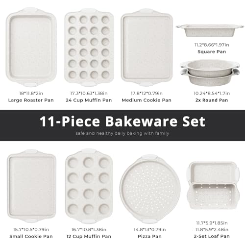 11-Piece Kitchen Nonstick Stackable Bakeware Set, Non Toxic Bakeware Sets with Silicone Handles, Includes Cookie Sheets, Cake Pan, Loaf Pan, Pizza Pan, Muffin Pan, White