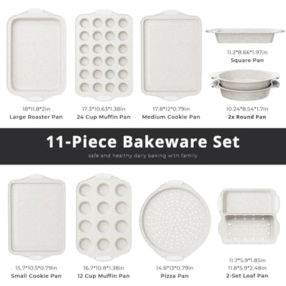 11-Piece Kitchen Nonstick Stackable Bakeware Set, Non Toxic Bakeware Sets with Silicone Handles, Includes Cookie Sheets, Cake Pan, Loaf Pan, Pizza Pan, Muffin Pan, White