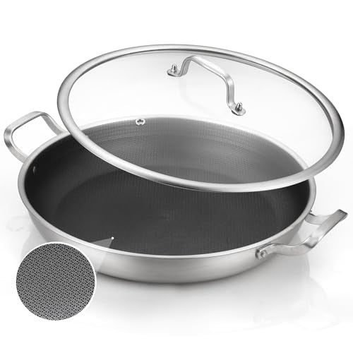 DELARLO Paella Pan 14 Inch Tri-Ply Stainless Steel Paella Pan with Lid Nonstick Frying Pan, Hybird Induction Large Skillets,Great for Paella Parties Indoors Outdoors,Heavy Duty Style