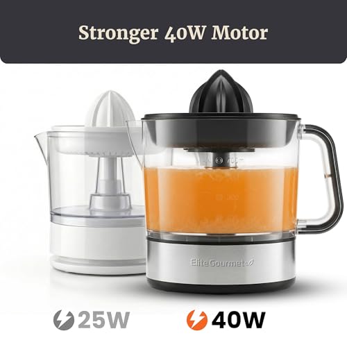 Elite Gourmet ETS623 BPA-Free 40-Watt Electric Citrus Juicer, Compact, Large Volume, Pulp Control, Oranges, Lemons, Limes, Grapefruits with Easy Pour Spout, 24oz, Black/Stainless Steel