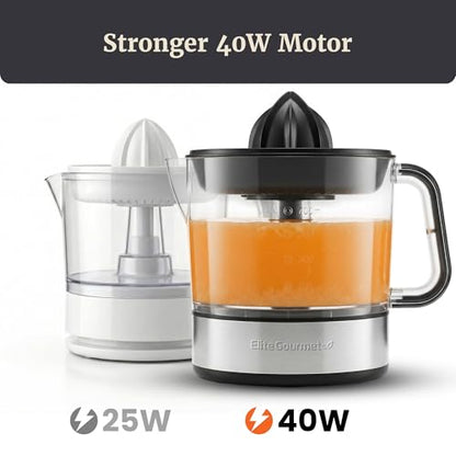 Elite Gourmet ETS623 BPA-Free 40-Watt Electric Citrus Juicer, Compact, Large Volume, Pulp Control, Oranges, Lemons, Limes, Grapefruits with Easy Pour Spout, 24oz, Black/Stainless Steel
