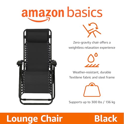 Amazon Basics Zero Gravity Lounge Chair with Pillow, Foldable Outdoor Reclining Chair for Patio and Beach, Weather-Resistant Textilene, 300 lb Capacity, 26", Black