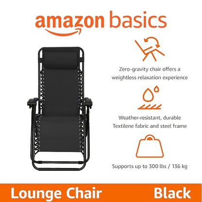 Amazon Basics Zero Gravity Lounge Chair with Pillow, Foldable Outdoor Reclining Chair for Patio and Beach, Weather-Resistant Textilene, 300 lb Capacity, 26", Black
