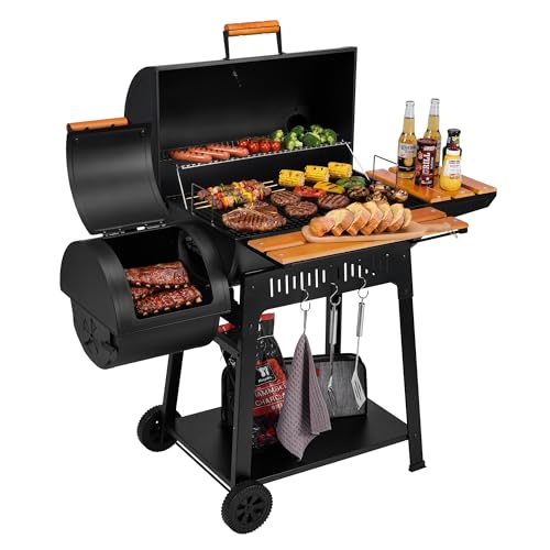 Grills House Barrel Charcoal Grill with Offset Smoker, 824 Sq. In. Cooking Area, Wooden Front Shelf, Bottom Shelf, Blow-Molded Wheels, Outdoor Charcoal Grill for Backyard Cooking, Black,CC1831W
