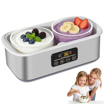 Yogurt Maker with Adjustable Time and Temp Control, 2 Bowls/1 Quart