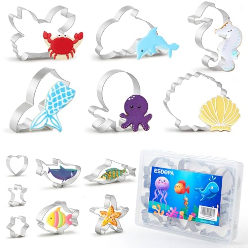 ESDOPA Ocean Creature Cookie Cutters Set, 13PCS Metal Marine Species Shapes Baking Mold, Under the Sea Animals Cookie Cutter for Kids Birthday Party DIY Cake Decoration