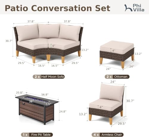 PHI VILLA 11-Piece Wicker Patio Furniture Set with 56" Fire Pit, Beige