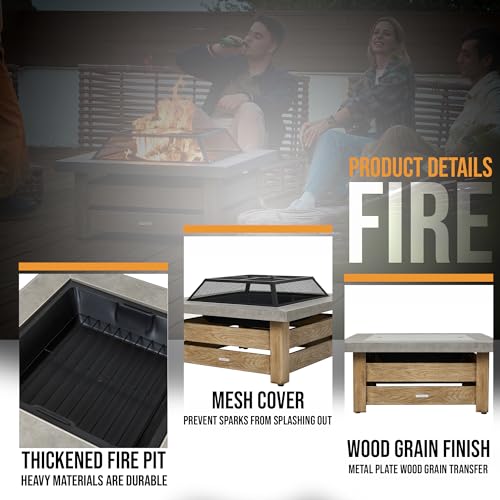 WILDMOS Firepits for Outside，Wood Burning Fire Pit with Wood-Grain Side Panels,Firepit for Outside with Mesh Cover & Fire Poker,Square Modern Outdoor Fireplace Fire Table. (Countryside)