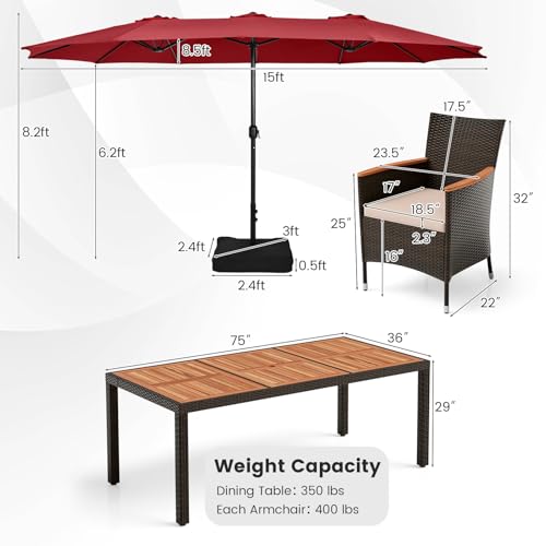 Tangkula 11 Pieces Patio Dining Set with 15ft Double-Sided LED Patio Umbrella (Base Included), Outdoor Rattan Furniture Set with 8 Stackable Chairs, Acacia Wood Dining Table and Umbrella (Wine)