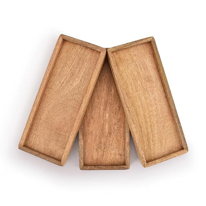Samhita Mango Wood Serving Platter with Raised Edge -Set of 3 for Display Fruit Snacks Appetizer Sushi Food Decorative (12" x 5" x 0.75")
