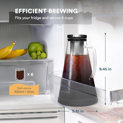 OVALWARE Airtight Cold Brew Iced Coffee Maker Pitcher (& Iced Tea Maker) with Spout – 1.5L/ 51oz Brewing Glass Carafe with Removable Stainless Steel Filter