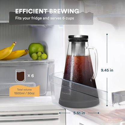 OVALWARE Airtight Cold Brew Iced Coffee Maker Pitcher (& Iced Tea Maker) with Spout – 1.5L/ 51oz Brewing Glass Carafe with Removable Stainless Steel Filter