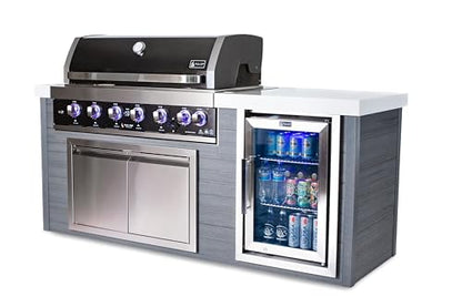 Mont Alpi Artwood Series - 78"W x 47"H x 27"D All Weather HDPE Outdoor Kitchen Island + Refrigerator & Double Access Doors + 44"W Black Stainless Steel 6-Burner Built-in BBQ Gas Grill + Rotisserie Kit
