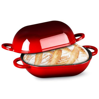 TeamFar Enameled Cast Iron Bread Loaf Pan, 2 QT Oval Dutch Oven with Lid for Sourdough Bread Baking, Enameled Meatloaf Loaf Baking Pan with Lid, Even Heat Distribution & Self-Basting, Red