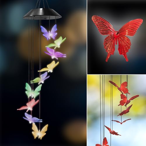 Upblend Outdoors Butterfly Solar Wind Chimes for Outside – Color Changing LED Wind Chimes for Outside, Solar Chimes Outdoor Waterproof – Butterfly, Red