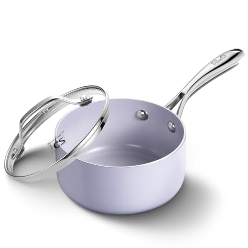 KOCH SYSTEME CS Nonstick Sauce Pan with Lid, 1 Quart Saucepan with Lid, 1 QT Nonstick Ceramic Small Sauce Pan with Stainless Steel Handle, Non-Toxic Ceramic Saucepan, Oven Safe, Purple