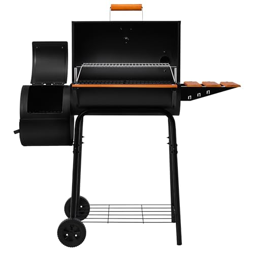 Royal Gourmet CC1624W Barrel Charcoal Grill with Offset Smoker, 552 Sq. In. Cooking Area, Wooden Front and Side Shelf with Hooks, Mesh Bottom Shelf, Charcoal Grill for Outdoor Grilling, Black