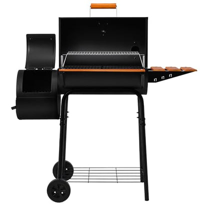 Royal Gourmet CC1624W Barrel Charcoal Grill with Offset Smoker, 552 Sq. In. Cooking Area, Wooden Front and Side Shelf with Hooks, Mesh Bottom Shelf, Charcoal Grill for Outdoor Grilling, Black