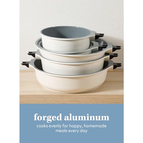 Sur La Table Kitchen Essentials 13 Piece Detachable Handle Pots and Pans Premium PFA Free Premium Ceramic Non Stick Induction Safe and Secure Removable Handle Cookware Set - Eggshell White