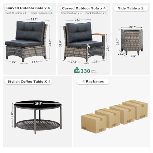MEISSALIVVE 11-Piece Half-Moon Curved Outdoor Patio Furniture Set, Sectional Conversation Sofa with Wood Armrests, Coffee & Side Tables for Backyard Deck Garden, Grey