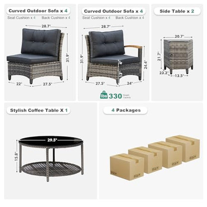MEISSALIVVE 11-Piece Half-Moon Curved Outdoor Patio Furniture Set, Sectional Conversation Sofa with Wood Armrests, Coffee & Side Tables for Backyard Deck Garden, Grey