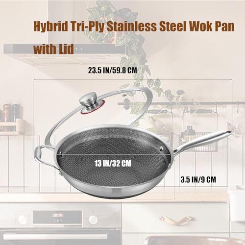 LOLYKITCH 13-inch Nonstick Wok & Stir-fry Pan with Lid, Induction Compatible, Tri-ply Stainless Steel Ceramic Coating Cookware, Perfect for Stir-frying, Sauté, and Simmering, Dishwasher and Oven Safe