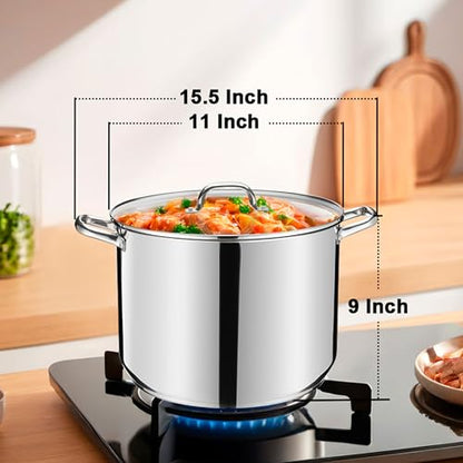 14 QT Stainless Steel Large Stock Pot, LIANYU Heavy Stockpot with Glass Lid, Deep Soup Canning Pot for Stewing Simmering, Tri-ply Base for Induction, Halogen Cooktops, Dishwasher Safe