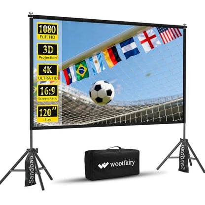 Projector Screen with Stand, Wootfairy 120 inch Portable and Foldable Indoor Outdoor Projection Screen 16:9 4K HD Rear Front Wrinkle-Free Movie Screen with Carry Bag for Home Theater Backyard Cinema