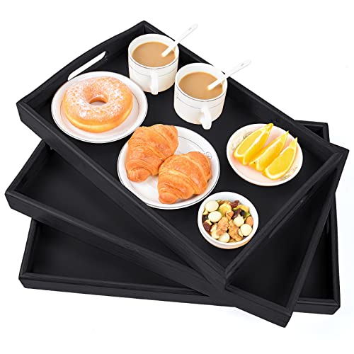 3 Pack Bamboo Serving Trays with Handles, Rectangular Kitchen Food Tray for Eating, Dinner Trays for Eating on Couch, Wood Serving Platter for Breakfast, Tea, Bar, Restaurant, Party or Bed (Black)