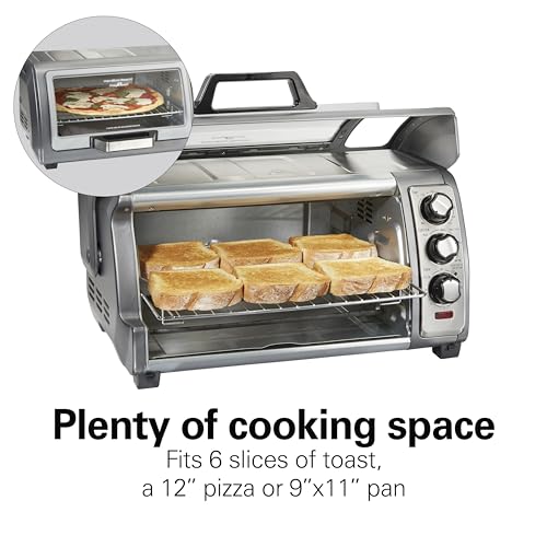 Hamilton Beach Air Fryer Toaster Oven Combo with Large Capacity, Fits 6 Slices or 12” Pizza, 4 Cooking Functions for Convection, Bake, Broil, Roll-Top Door, Easy Reach Sure-Crisp, Stainless Steel